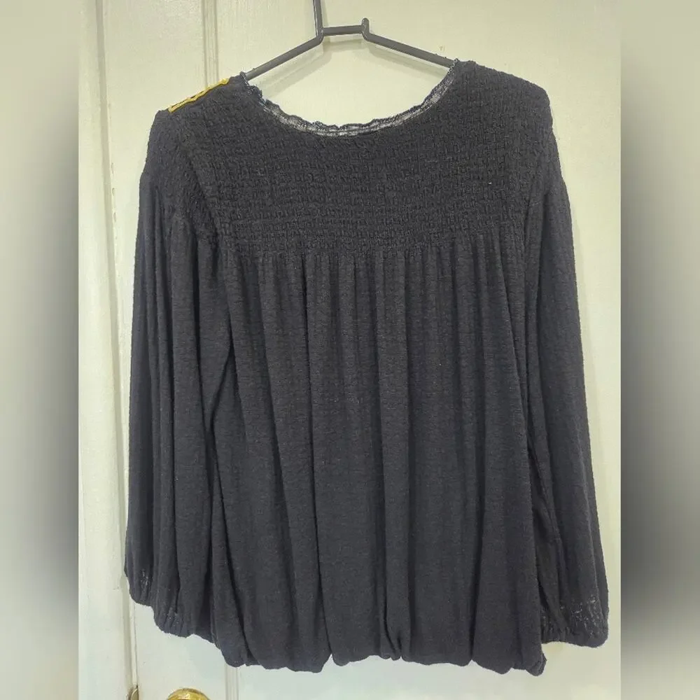 Free People Begonia Embroidered Top Black Long Sleeve Medium
